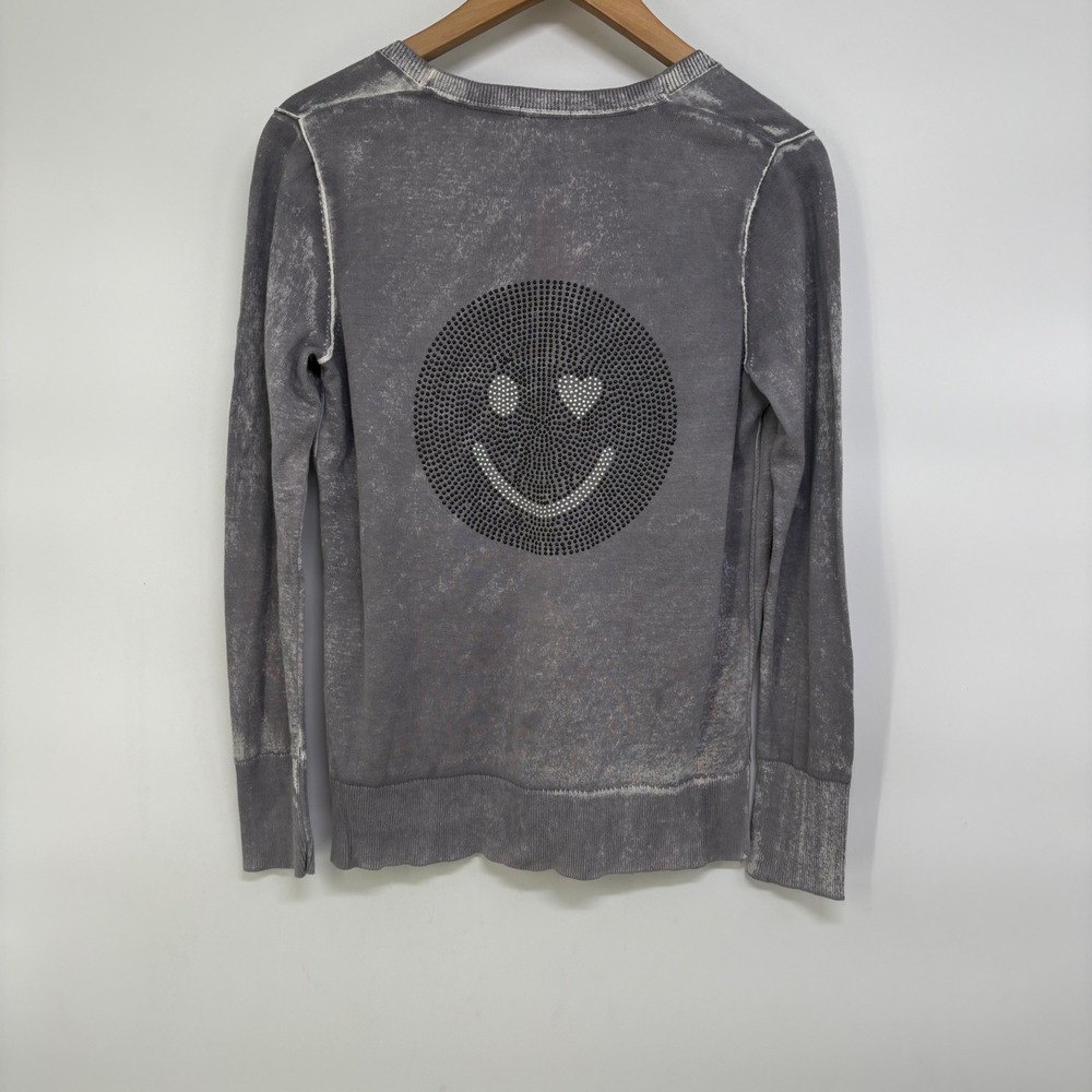 Cecil Women Grey Acid Wash 3D Smiley Face Cotton Cardigan Sweater S Y2K Grunge